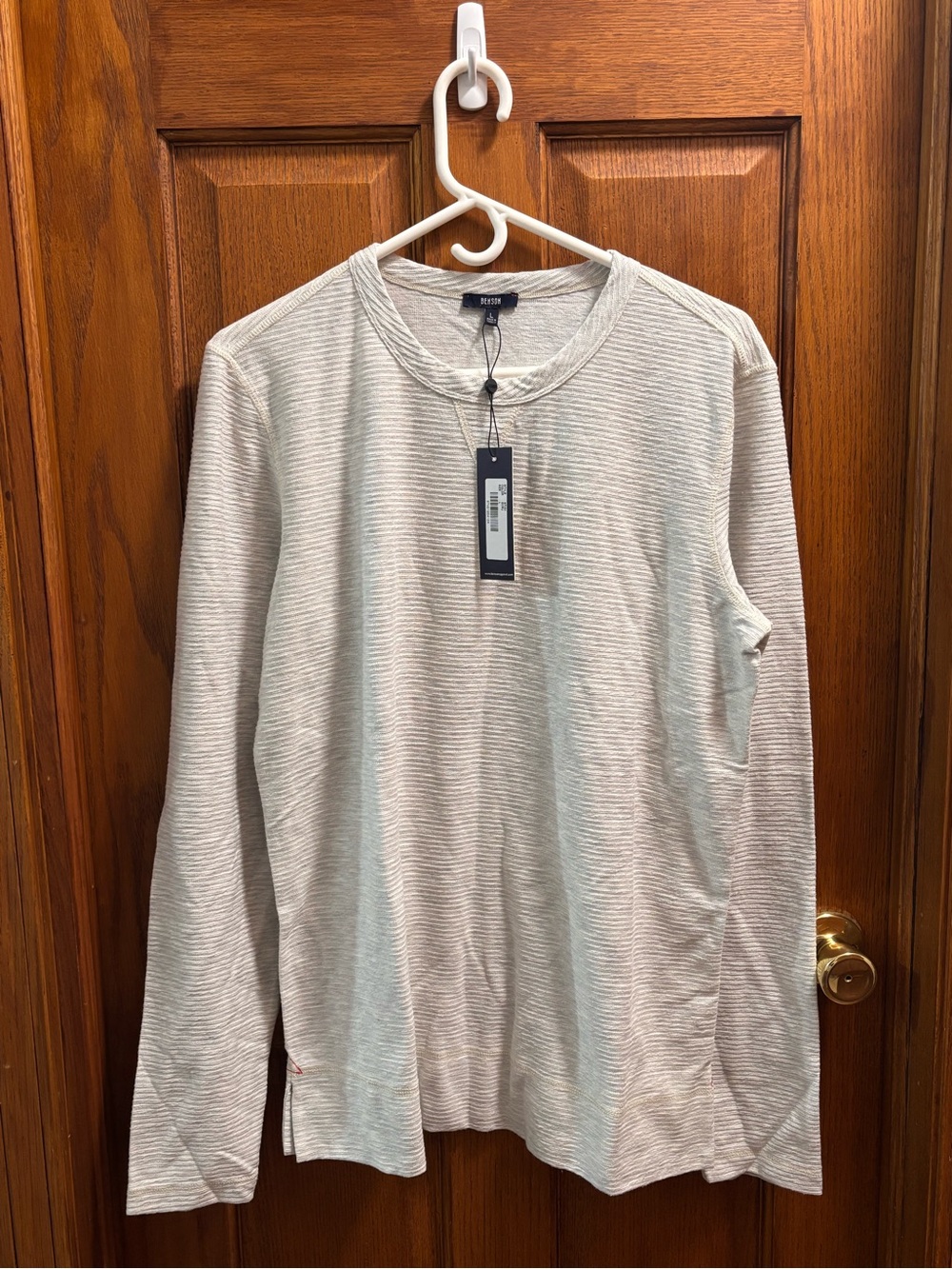 Benson Men’s Bradford Micro Stripe Long Sleeve Knit Crewneck Ecru NWT